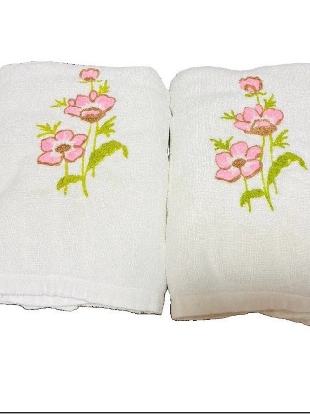 Vintage Set 2 Lady Pepperell ‎ White Bath Towel Pink Floral Embroidery 25x45